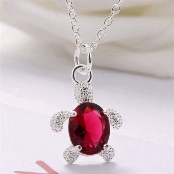 Silver Ruby Red Diamond Zircon Beaded Sea Turtle Pendant Necklace 2.54ctw 17" - Picture 2 of 5
